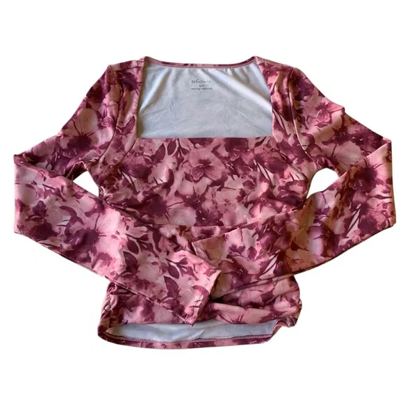 Pink Floral Square Neck Cropped Long Sleeve Top – Ruched, Size Small - Picture 11 of 17